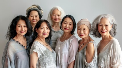 Wall Mural - Radiant middle-aged women in natural color attire, showcasing beauty, skincare, and cosmetics.