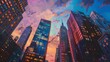 Craft a stunning oil painting featuring a low-angle view of glimmering superhero skyscrapers at dusk, capturing the majestic skyline in rich, vibrant colors