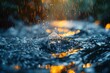 Captivating close-up of a water drop impact with shimmering bokeh light reflections creating a dynamic scene
