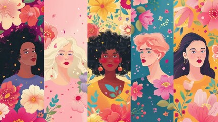 Wall Mural - International Women's Day Banners - Series of empowering vertical banners featuring hand-drawn female characters celebrating achievements, surrounded by vibrant blooming flowers.