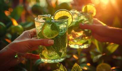 Wall Mural - Two glasses of mojito cocktail with lime and mint on the background of the sun