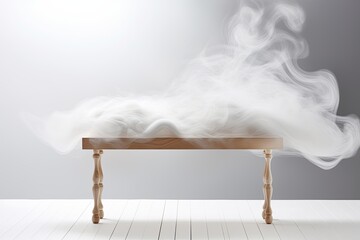 Wall Mural - white background with a wooden table and smoke. Space for product presentation, studio shot