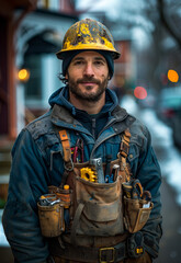 Wall Mural - Construction worker smiles while wearing hard hat and tool belt.