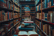 © NE97 - An image of a library or academic setting with bookshelves, desks, and stacks of books, representing the concept of learning and education.