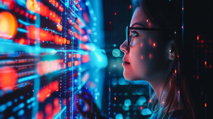 Poster - a woman is looking at a computer screen with a lot of numbers and lines. she is wearing glasses and 
