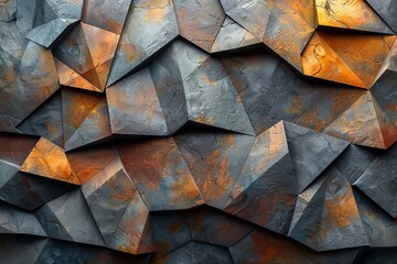 Poster - A highly textured wall with an abstract arrangement of geometrical shapes in shades of orange and grey