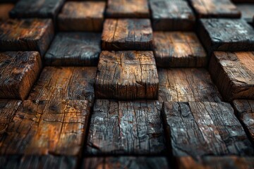 Poster - A richly detailed image of worn wooden blocks tightly packed together presenting a beautiful, rustic texture and pattern