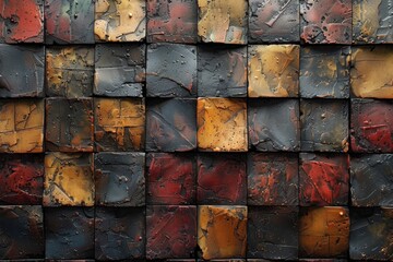 Poster - An artistic display of multicolored patterned tiles arranged in an eye-catching wall design, showcasing a variety of textures and tones