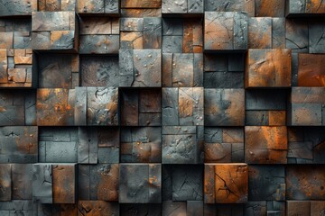Poster - A rustic and industrial-inspired wall of textured cubes, with hints of orange rust adding to its vintage character