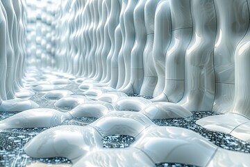 Poster - A digital art depiction of a futuristic corridor featuring a seamless wavy design and a cool, clinical white and blue color scheme