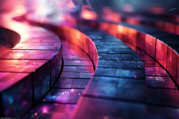 Poster - A dynamic display of colorful, abstract light trails flowing along a curved pathway with a bokeh effect enhancing the depth
