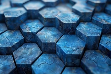 Poster - A compelling hexagonal pattern made of reflective blue tiles with a futuristic appeal and depth