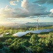 A panoramic vista showcases solar panels and wind turbines set amidst a sprawling landscape, symbolizing renewable energy
