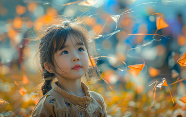 Sticker - Cute little asian girl looking up at the sky in the park with autumn leaves