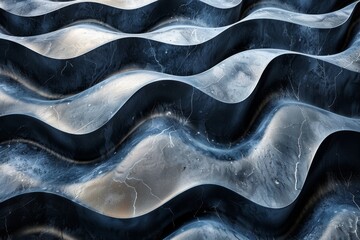 Poster - An artistic depiction illustrating a metallic texture with a wavy, flowing pattern in hues of silver and blue The surface reflects light creating a mesmerizing effect