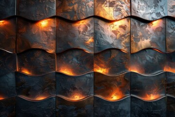 Poster - A richly-textured image displaying waves of rusty metal illuminated with fiery orange highlights, projecting warmth and industrial decay
