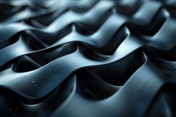 Poster - An image capturing the movement of a wavy, blue simulated fabric dotted with fine particles to mimic a fluid motion
