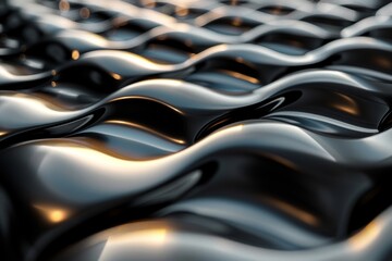 Poster - Close-up of a wavy metal surface, reflecting light giving a sense of fluidity and sleek modern design