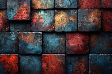 Poster - An array of vibrant, textured square tiles with a distressed and aged appearance creating an abstract pattern