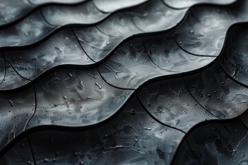 Poster - Close-up image capturing the details of a black wavy surface with glistening water droplets accentuating its texture