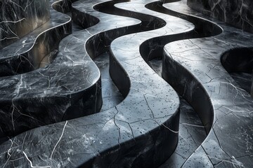 Poster - A mesmerizing view of deep black marble pathways with striking white veins creating a labyrinth effect