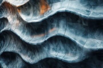 Poster - Stunning visual of metallic surfaces with a blend of cool blues and warm orange accents creating a fluid motion