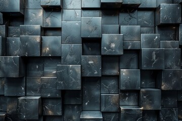 Poster - A visually captivating image showcasing a wall of uniformly stacked blue textured 3D cubes that create a mesmerizing pattern