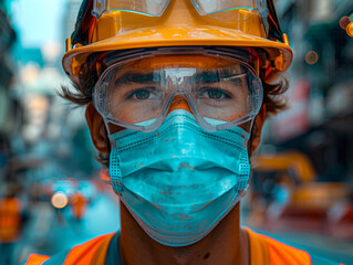 Wall Mural - Construction worker wearing face mask and safety glasses