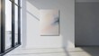 A minimalist abstract painting adorns a wall, bathed in natural sunlight from broad windows.