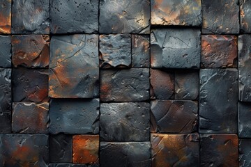 Poster - The image captures the raw rustic beauty of burnt metal tiles, showcasing a rugged and textured surface full of character