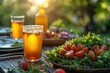 A cold glass of iced tea sits on a wooden table among plates of fresh salad in a sunny garden setting