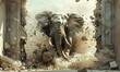 © Synesthesia AI Stock - Dynamic image of an elephant crashing through a barrier, symbolizing breakthrough and strength. Elephant breaking through wall in powerful charge.