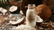Vegan coconut milk in a glass jar among coconut shavings on a wooden table
