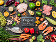 Pegan diet concept. Paleo plus vegan food ingredients