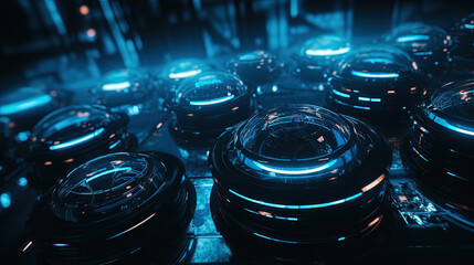 Poster - Technology abstract background with hud styled round interface elements in neon tech light.