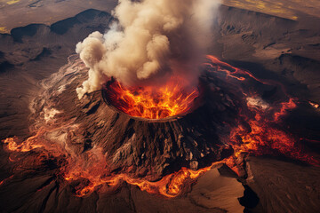 Wall Mural - volcano eruption from a bird view. volcano crater and magma flow shot from above. genertated ai.