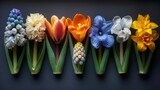 Fototapeta  -   A row of tulips and daffodils, their green stems contrasting against a black surface