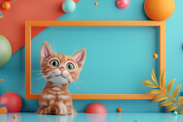 Frame with 3d cartoon cute cat on color background.