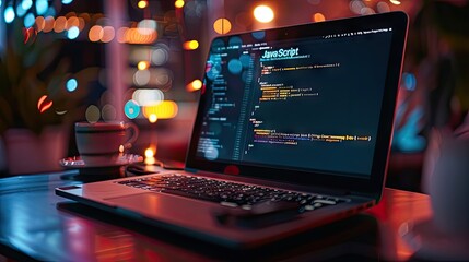 Java inscription against a laptop and code background.