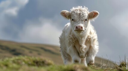 Canvas Print -   A small white cow atop a grass-covered hill beneath a blue sky, dotted with wispy clouds