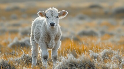 Canvas Print -   A tight shot of a cow in a lush grass field, foreground featuring indistinct rocks and grass blur