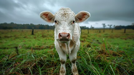 Canvas Print -   A tight shot of a cow grazing in a lush grass field, surrounded by a cloud-speckled sky and a fence in the near distance