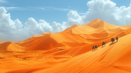 Poster -   A group rides camels through a sandy desert under a blue sky, dotted with puffy, wispy clouds