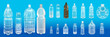 Empty plastic bottles. Realistic transparent container for water or liquids, isolated 3D mockups for advertising.