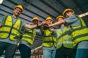 Wall Mural - Group of various national engineer professional successful team corporate workers standing in factory, teamwork technician inspector of manufacturing industry workplace, foreman occupation job