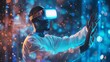 Man with VR headset reaches out of virtual reality technology