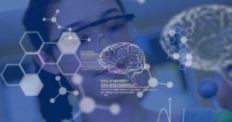 Poster - Image of data processing and chemical formula over biracial schoolgirl