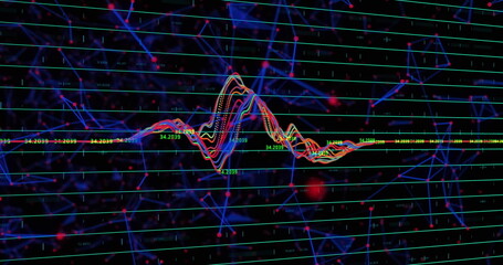 Poster - Digital image of network of connections and financial data processing against black background