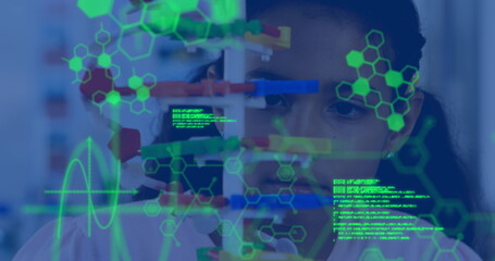 Poster - Image of data processing and chemical formula over biracial schoolgirl