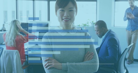 Poster - Image of financial graphs and data over happy asian woman looking at camera in office